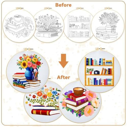 BEUNITONE 4 Set Book Flower Embroidery Kit for Adult Beginners 7.9x7.9 DIY Cross Stitch Kits Needlepoint Starter Kit with Pre-Printed Design and Hoops, Stamped Embroidery Kit for Home Ofiice Decor - Image 4