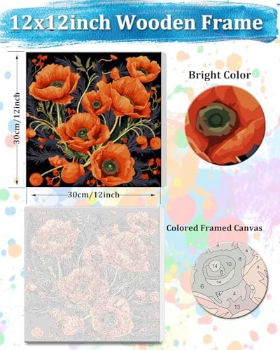 TOCARE Framed Paint by Numbers Kit for Adults Beginners, 12x12inch Red Poppy Paint by Number with Frame,Easy Flowers Paint by Numbers Framed Canvas (Without Easel) - Image 2