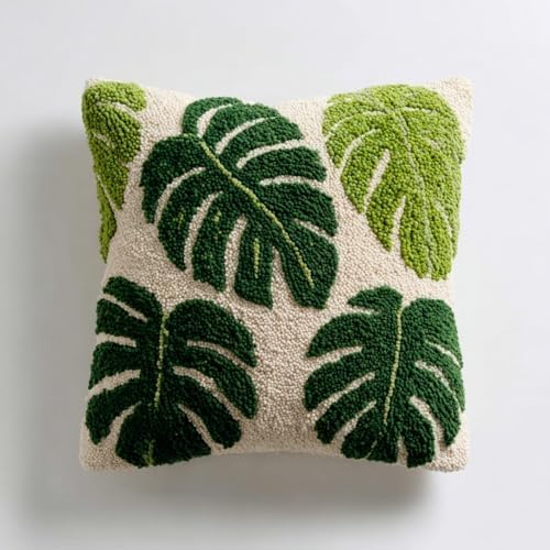 DIY Latch Hook Pillow Kit Green Monstera Deliciosa Leaves 43x43cm by Unknown