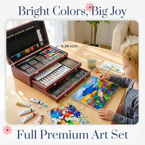 194 Piece Deluxe Art Set, Painting Drawing Art Supplies with 4 Drawing Pads, Acrylic Paints, Crayons, Colored Pencils Set in Wooden Case, Art Kit Gift Box for Kids, Teens, Adults, Artists, Beginners - Image 3