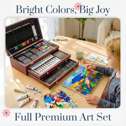 194 Piece Deluxe Art Set, Painting Drawing Art Supplies with 4 Drawing Pads, Acrylic Paints, Crayons, Colored Pencils Set in Wooden Case, Art Kit Gift Box for Kids, Teens, Adults, Artists, Beginners - Image 3