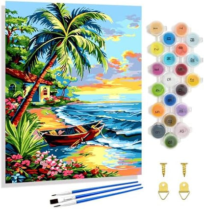 Yunnuo Landscape Paint by Numbers Kit for Adults Beginner,Beach Adult Paint by Numbers on Canvas with Acrylic Paint and 3 Brush,Cottage-Wooden Boat Painting by Numbers for Home Decor Gifts(20x16 inch) by Yunnuo-premiumdiyartpaintingkits