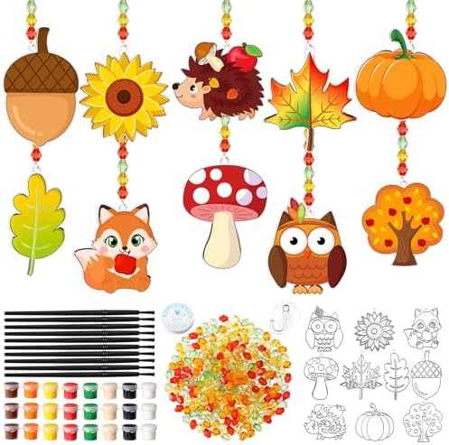 Dunzoom 30 Set Fall Craft Kits Thanksgiving Suncatchers Kits Autumn Pumpkin Maple Leaves DIY Craft Make Your Own Suncatcher Paint Ornaments for Thanksgiving Art Activities by Dunzoom