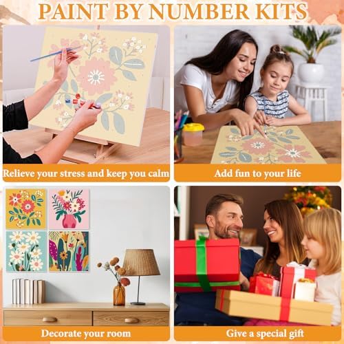 NAIMOER 4 Pack Flower Paint by Numbers Kits for Adults Beginner with Wooden Framed, Flowers Color by Numbers on Canvas Painting Kits for Adults, Easy Paint DIY Acrylic for Home Wall Decor 8X8 Inch - Image 6