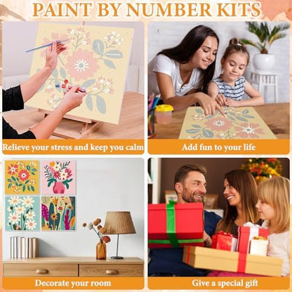 NAIMOER 4 Pack Flower Paint by Numbers Kits for Adults Beginner with Wooden Framed, Flowers Color by Numbers on Canvas Painting Kits for Adults, Easy Paint DIY Acrylic for Home Wall Decor 8X8 Inch - Image 6