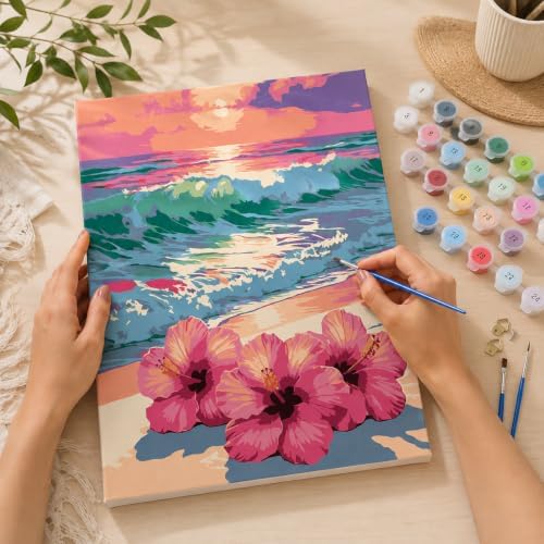 Beach Paint by Numbers Kit for Adults,Flower Paint by Number With Frame - Image 4