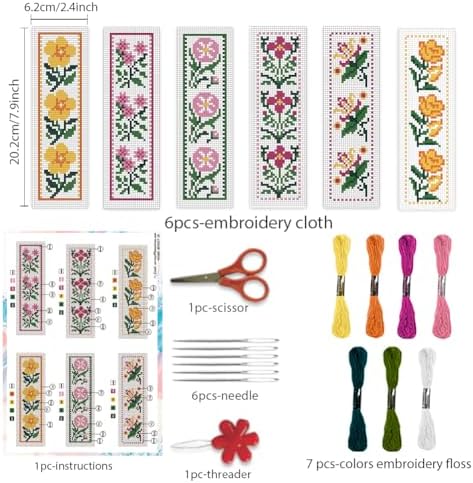 BEUNITONE Cross Stitch Bookmark Kit 6 Pcs Flower DIY Bookmarks Cross Stitch Kits for Adults Beginners with Instructions Cute Pre-Sorted Floss Cross-Stitch Stamped Embroidery Kit for Gifts 8''x2.4'' - Image 2