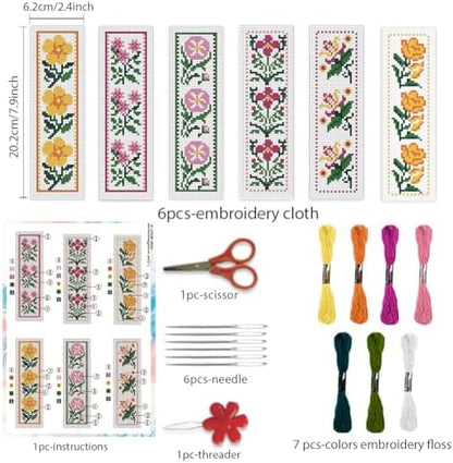 BEUNITONE Cross Stitch Bookmark Kit 6 Pcs Flower DIY Bookmarks Cross Stitch Kits for Adults Beginners with Instructions Cute Pre-Sorted Floss Cross-Stitch Stamped Embroidery Kit for Gifts 8''x2.4'' - Image 2