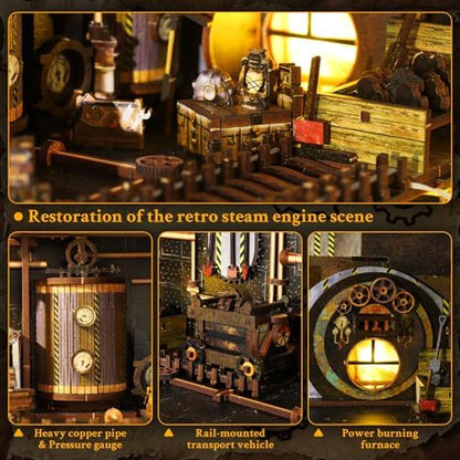 Book Nook Kit Steampunk DIY 3D Puzzle Wooden Dollhouse with LED Lights - Image 4