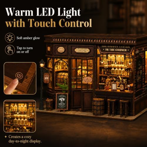 Corner Tavern Book Nook Kit for Adults, DIY 3D Wooden Puzzle with LED Light - Image 4