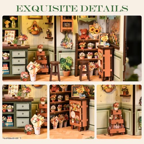 Book Nook Kit - DIY Miniature House Kit with LED Light, Flower Shop Wooden Bookshelf Decor, 3D Puzzles for Adults, Home Office Shelf Decoration, Creative Gift for Women, Book Lovers - Image 5