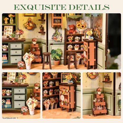 Book Nook Kit - DIY Miniature House Kit with LED Light, Flower Shop Wooden Bookshelf Decor, 3D Puzzles for Adults, Home Office Shelf Decoration, Creative Gift for Women, Book Lovers - Image 5
