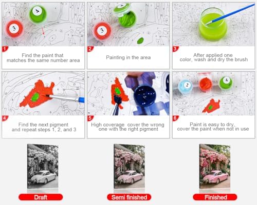 TUMOVO Framed Paint by Numbers Kit for Adults Pink Car, Flowers Painting Kits for Beginners, DIY Acrylic Paint by Numbers Kits on Canvas, Oil Painting Paintwork Art Crafts for Home 16"x20" - Image 4