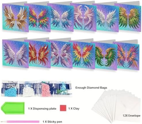 jinglinhh 12pcs Angel Wings Diamond Art Painting Greeting Cards with Envelopes, DIY Card Making Kits for Adults, Diamond Art Christmas Cards for Birthday Holiday Postcards Craft Gifts - Image 3