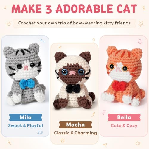 Fortuning's JDS Crochet Kit for Beginners, 3 Cat Crochet Animal Kit Starter - Image 6