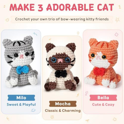 Fortuning's JDS Crochet Kit for Beginners, 3 Cat Crochet Animal Kit Starter - Image 6
