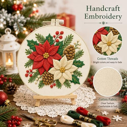 DIYDeligths Christmas Embroidery Kit for Beginners Adults Pre Printed Pattern Hand Needlepoint Craft DIY Art Set with 7.87in Hoop Needle Threads Instructions (Poinsettia) - Image 7
