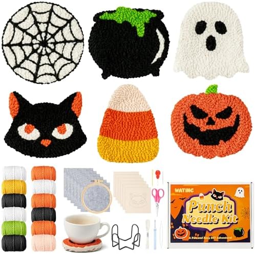 WATINC Halloween Punch Needle Coaster Kits - 23Pcs Easy Art Work Decor Craft Supply for Beginners, DIY Set of 6 Pattern Tufted Pads with Adhesive Felt Yarns Tools Coaster Holder Instruction (Orange) by WATINC