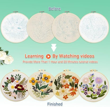 Bonroy 4 Sets Embroidery Set for Beginners Art Crafts Easy Sewing Includes Embroidery Clothes with Pattern, Hoop, Instruction Manual, Color Stitch Set (Assorted 1) - Image 3