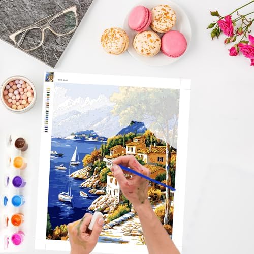 Lxmsja Mediterranean Coast Paint by Numbers Kit for Adults, Boats Acrylic Paint by Numbers for Adults Beginner, DIY Craft Supplies Oil Painting Kits for Home Wall Decor 16x20 inch (No Frame) - Image 2