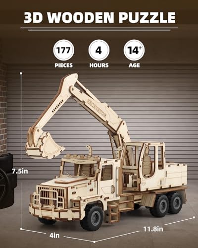 3D Wooden Puzzle for Adults, Excavator Wooden Model Car Kits - Image 2