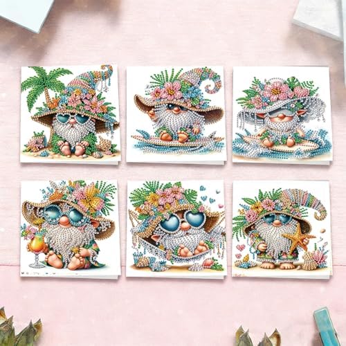 FRANDEK 6pcs Beach Gnome DIY Diamond Art Painting Greeting Cards for Adults - Image 6