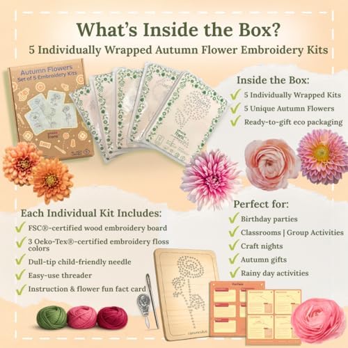 Wooden Flower Lacing Embroidery Kits for Beginners, Set of 5 Learn-to-Stitch Craft Boards, Sewing & Embroidery Art Kits for Kids Ages 8+, DIY Craft Projects, Educational Gifts, Party Favors (Autumn) - Image 2