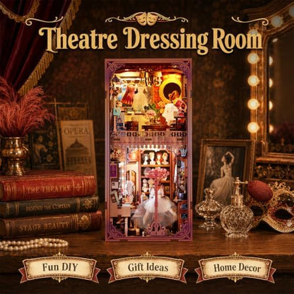 fifijoy DIY Book Nook Kit - Theatre Dressing Room DIY Miniature Dollhouse Booknook Kit for Adults, 3D Wooden Puzzle Bookend Bookshelf Insert Decor, Gift for Family, Friends (with White Light) - Image 4