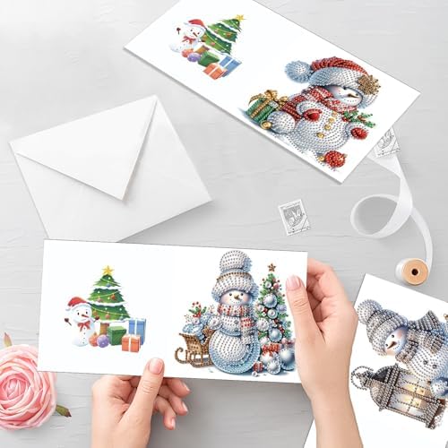 antor 6 Pack Diamond Art Christmas Cards with Envelopes, Special Shaped Rhinestone DIY Diamond Painting Greeting Card Kit, Snowman Design for Adults Holiday Craft Gift - Image 6