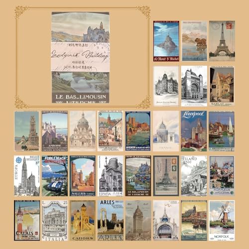60 Sheets Junk Journal Ephemera Kit, 30 Unique Vintage Scrapbook Paper Patterns for Bullet Journal, Planner Supplies, 3x2 inch (80x50mm) Collage Material (Landmark Buildings) by Gryast