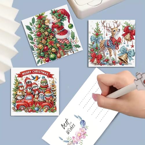 DIZAKIM 6 Pieces Christmas Theme Design Diamond Painting Greeting Card Set, DIY 5D Unique Rhinestone Art Embellishment Mosaic Christmas Greeting Card Crafts, Mosaic Handmade Creative Postcards (#7) - Image 4
