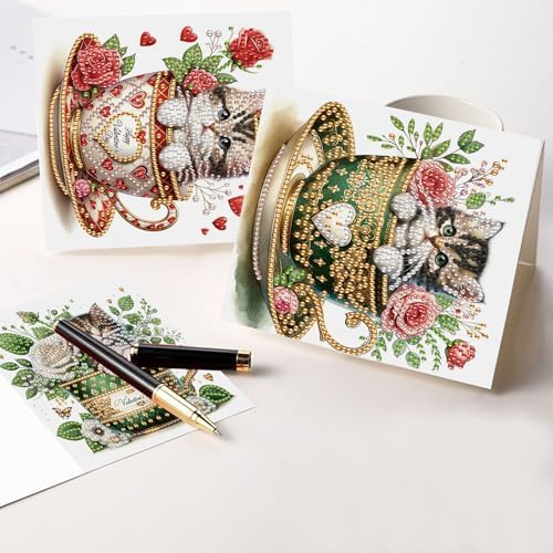antor 6 Pack DIY Cat in Teacup Diamond Painting Greeting Cards with Envelopes – Cute Animal Rhinestone Art Craft Kit, Handmade Crystal Card Set, Diamond Art Kits for Adults - Image 4