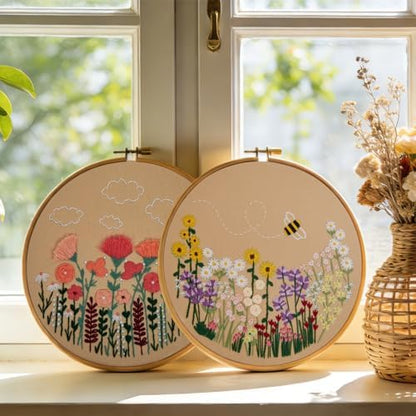 Flowers Embroidery Kits for Beginners Adults, Floral Hand Embroidery Set Needlepoint Kits, Stamped Cross Stitch Kits for Beginners Adults, 2 Embroidery Hoops, Fabric, Thread (Attached Video Tutorial) - Image 2