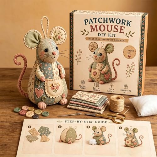 Patchwork Mouse DIY Kit Sewing Craft Set with Pre-Cut Floral Fabric, Stuffing & Buttons for Adults Beginners Creative Hobby Gift for Craft Lovers (C) - Image 4