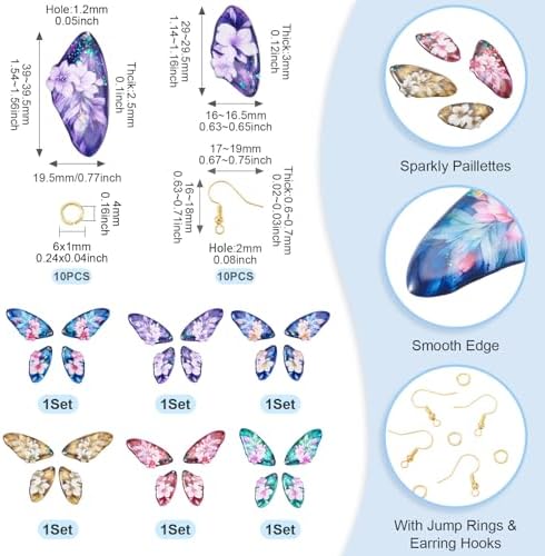 FASHEWELRY 24Pcs Resin Feather Wing Charms Gradient Color Floral Prints Wing Earring Pendants Colorful Butterfly Charms with Gold Foil for Jewelry Making - Earring Hooks & Jump Rings - Image 7