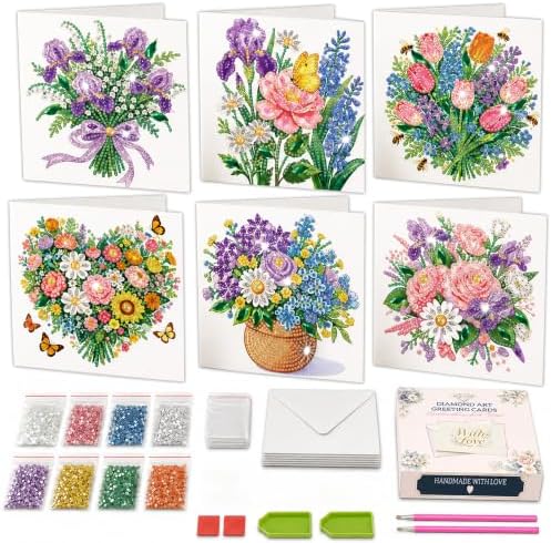 6 Pack Flower DIY Diamond Art Greeting Card Kit with Envelopes by DOZEEZOP