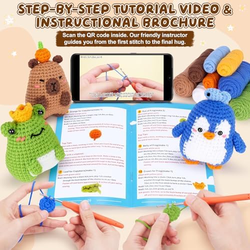 Fortuning's JDS Crochet Kit for Beginners, Crochet Animal Kit Includes Penguin, Capybara & Frog, Complete Starter Kit for Adult, DIY Craft Crochet Kits, Easy Knitting Kit Christmas Gifts - Image 5