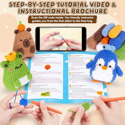 Fortuning's JDS Crochet Kit for Beginners, Crochet Animal Kit Includes Penguin, Capybara & Frog, Complete Starter Kit for Adult, DIY Craft Crochet Kits, Easy Knitting Kit Christmas Gifts - Image 5