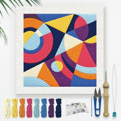Doodlream Color Geometric Shape Needle Kit for Beginner, 9.4"x 9.4" Abstract Art Punch Stitching Craft Set, Color DIY Embroidery Starter with Printed Frame, Instruction, Threader, Yarn, Pinch Needle by Doodlream