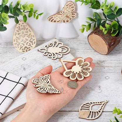 Elecrelive 8 Pairs Butterfly Wood Charms Wooden Earrings Blanks Flower Teardrop Rhombus Wood Earring Pendants Wooden Dangle Earring Making Kit with Earring Hooks - Image 7