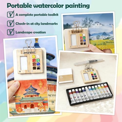 Mini Watercolor Paint Set Bamboo Travel Kit with Watercolor Palette Paintbrush Storage Bag and Water Storage Bottle Ready to Use Watercolor Sets for Artists and Beginners（8 Squares） - Image 4