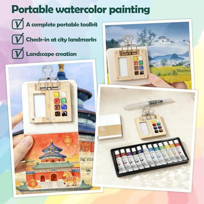 Mini Watercolor Paint Set Bamboo Travel Kit with Watercolor Palette Paintbrush Storage Bag and Water Storage Bottle Ready to Use Watercolor Sets for Artists and Beginners（8 Squares） - Image 4