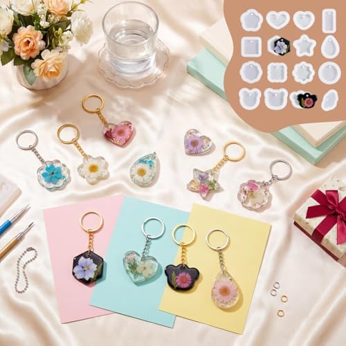 Resin Keychain Molds, 46 Pcs Silicone Molds with Hole, Variety Shaped Resin Key Chain Mold Making Set DIY Ornaments Crafts Supplies Teacher Appreciation Gifts - Image 5