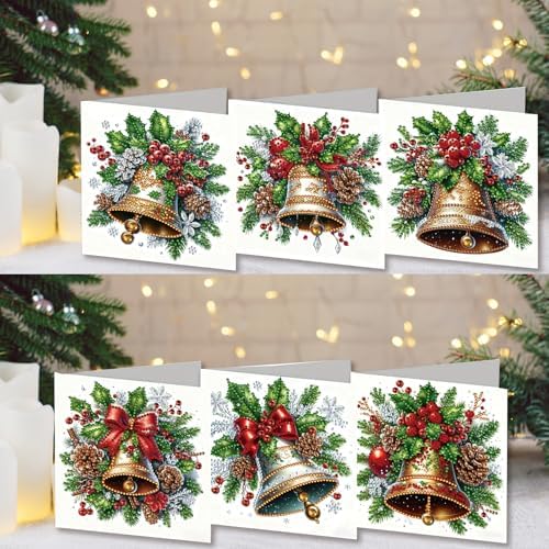 jinglinhh 6pcs Diamond Art Painting Christmas Bell Greeting Cards with Envelopes, DIY Card Making Kits for Adults, Diamond Art Christmas Cards for Birthday Holiday Postcards - Image 5