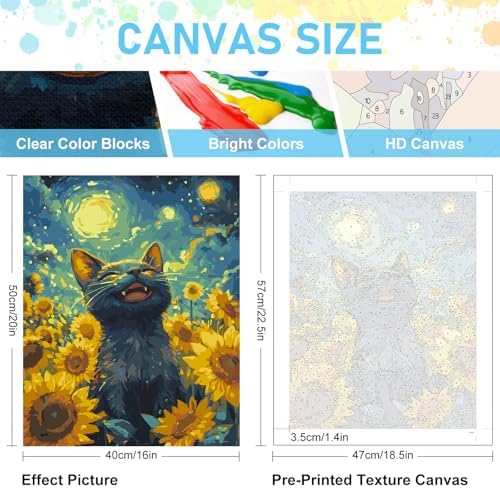 Paint by Numbers Kit for Adults, Sunflowers Black Cat Canvas Painting Set - Image 3