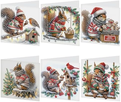 antor 6-Pack Squirrel Christmas Diamond Painting Cards – DIY Diamond Art Greeting Card Kit with Envelopes, Holiday Rhinestone Craft for Adults by antor