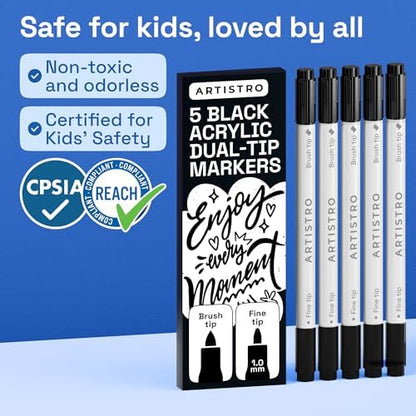 ARTISTRO 5 Black Dual-Tip Acrylic Paint Marker Pens for Drawing - Image 6