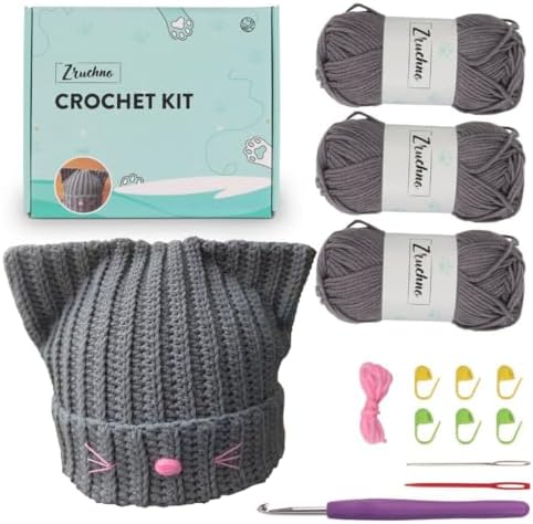 Hat Beanie Crochet Kit, Crochet Kit for Beginners, Step-by-Step Video Tutorials and Detailed Instruction, Complete DIY Learn to Crochet, Crochet Starter Kit with Yarn Hook All Accessories, Cat Ear Hat by Zruchno