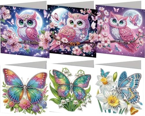 jinglinhh 6pcs Moon Peach Blossoms Owl Butterfly Flowers Diamond Art Painting Greeting Cards with Envelopes, DIY Card Making Kits for Adults, Diamond Art Postcards Holiday Cards Craft Gifts by Unknown