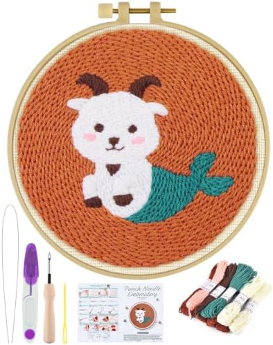 ERKOON Punch Needle Kit Beginners Adults, Zodiac Easy Embroidery Set for Starter Art Craft, Needling Punching Project with Patterns, Tools, Yarns, Hoop, Instruction (Capricorn) by ERKOON
